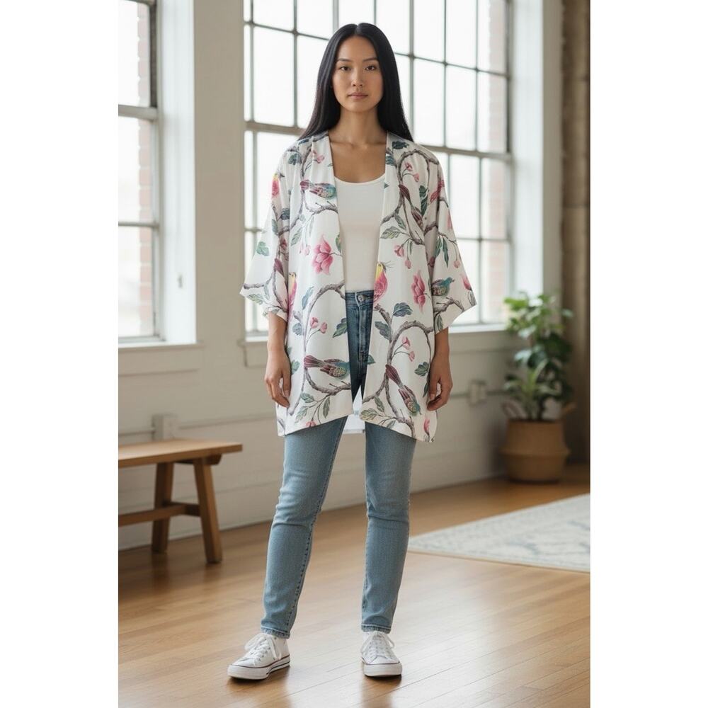 Soft Surroundings Sz XL Satin Kimono Open Cardi Jacket Robe Birds Floral Pockets